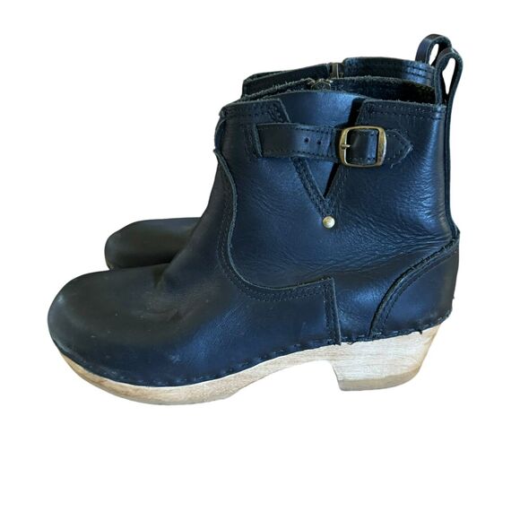 No. 6 Leather Clog Buckle Boot Womens 40* Black Leather Zipper Ankle Mid Heel - Picture 2 of 7